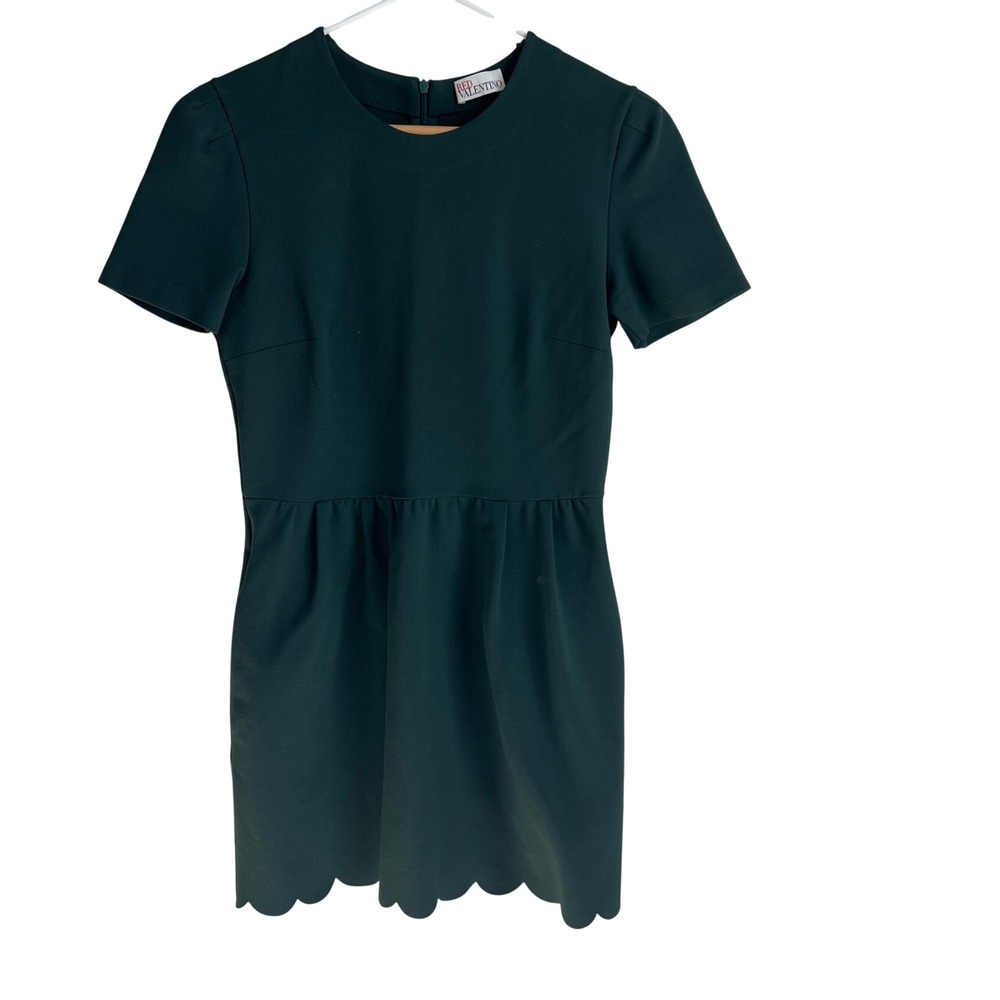 RED Valentino Forest Green Scalloped Hem Short Sleeve Mini Dress M JROMJ02E220